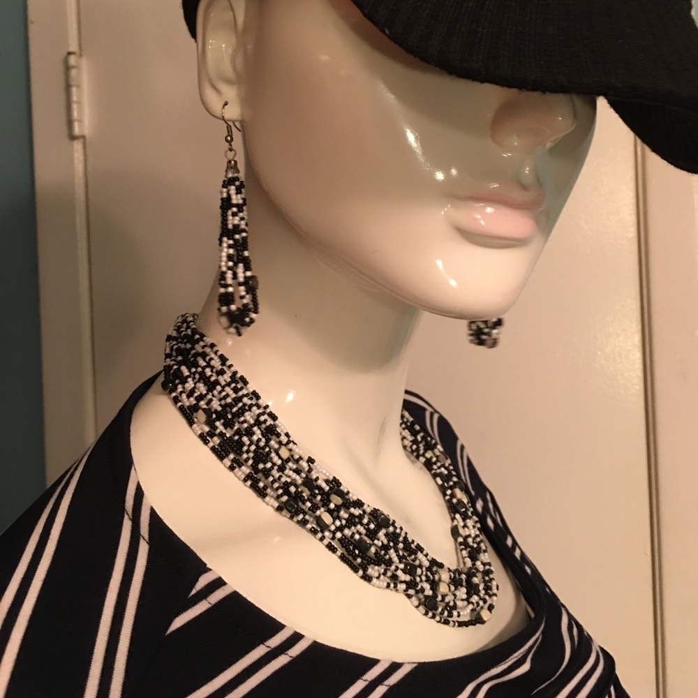 Black &white beaded multi strand necklace earrings